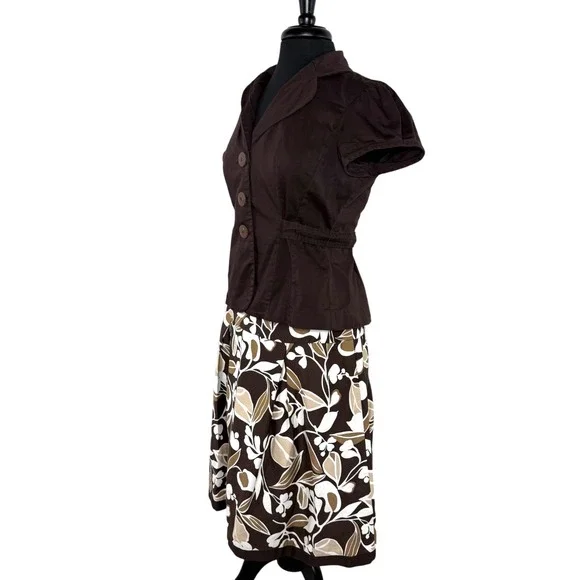 Vintage 2000s Brown Floral A-Line Top Skirt Set Retro Office Cottagecore 12P - Picture 4 of 16